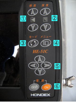 ホンデックス製魚群探知機「HE-51C」の操作ボタン部分