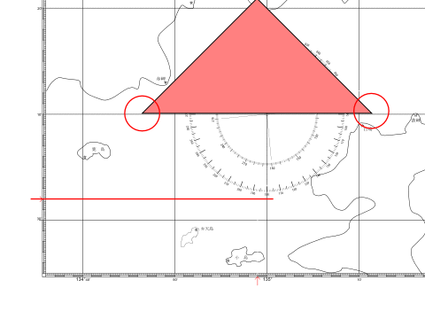 緯度30°-10'の水平線に定規（赤）を合わせる